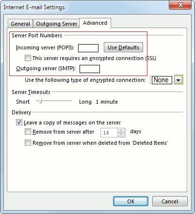 A screenshot of the internet email settings window