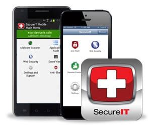 A group of cell phones with a secure it app on them.
