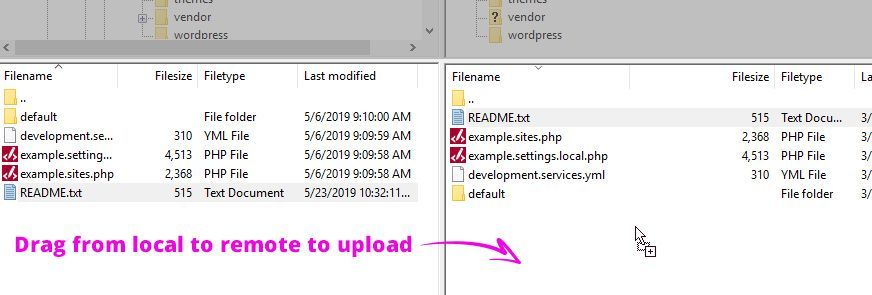 A computer screen shows how to drag files from local to remote to upload.