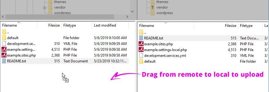 A computer screen shows a drag from remote to local to upload