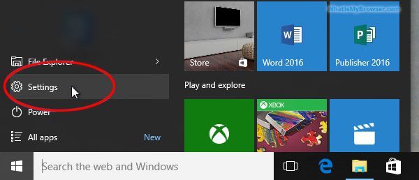 A screenshot of a windows start menu with the settings icon highlighted