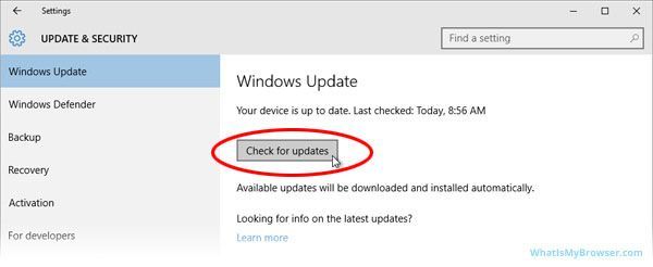 A computer screen with a check for updates button highlighted