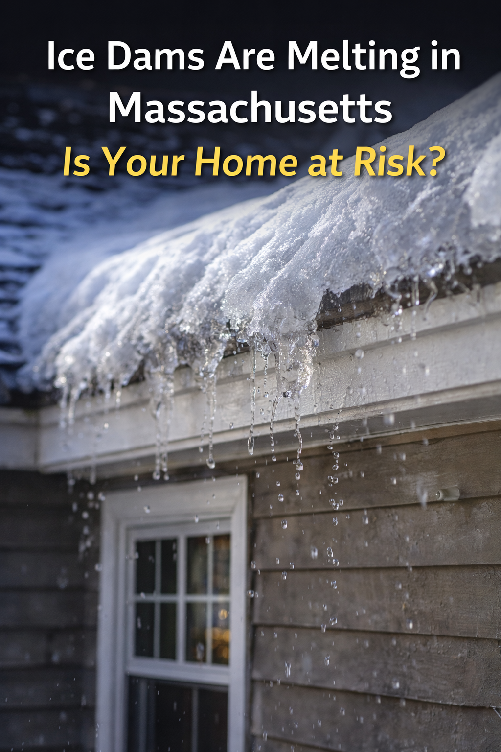 Melting ice dams on a Massachusetts home roof causing potential window and moisture damage