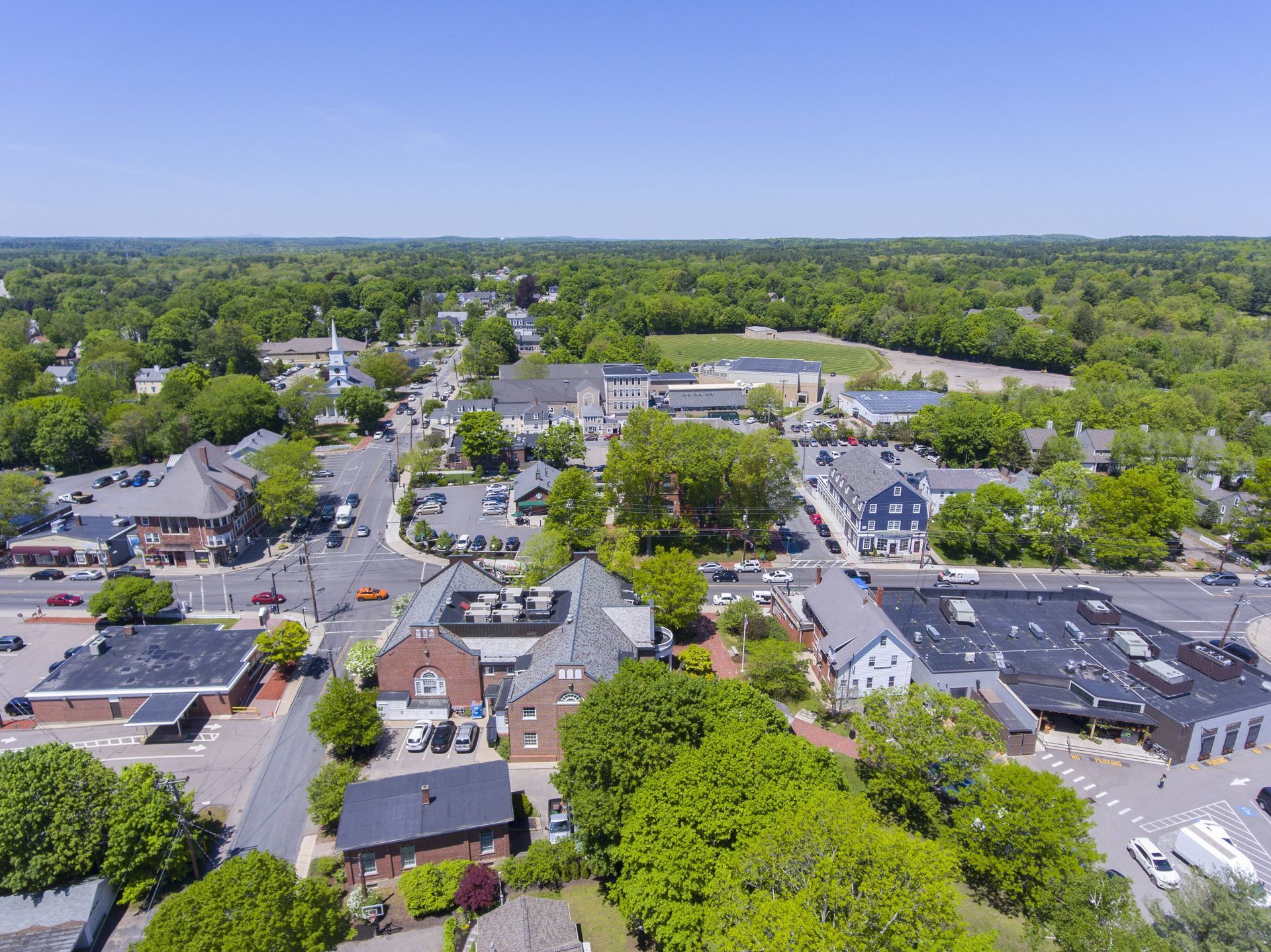 Aerial view of Medfield Main Street and Historic Town Center near Lexington, Massachusetts (MA)