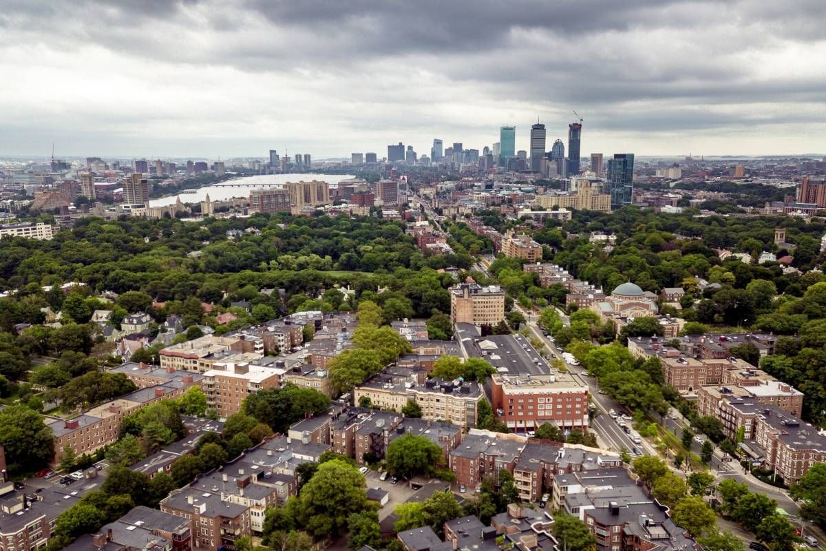 An aerial view of Brookline and the Boston skyline near Brookline, Massachusetts (MA)