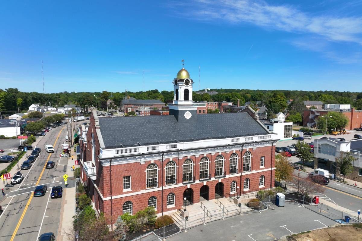 An aerial view of Needham Town Hall in Needham, Massachusetts (MA)