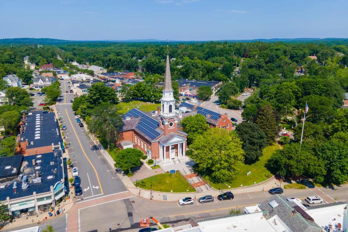 Aerial view of Wellesley Congregational Church and Central Street near Wellesley, Massachusetts (MA)