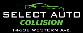Logo for Select Auto Collision, with a green car silhouette and text on a black background.
