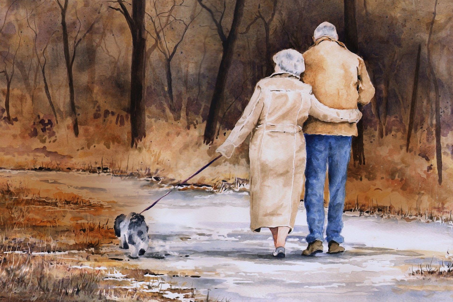 pintura de idosos andando de mãos dadas em um parque, a senhora leva consigo um cachorro na coleira
