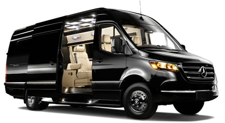 Black Mercedes-Benz Sprinter van with open door, revealing a luxury interior.