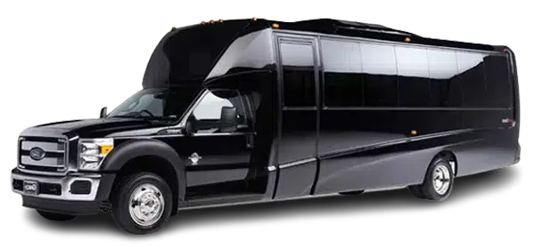 Black party bus with tinted windows and open door, white background.