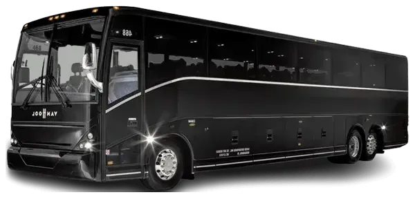 Black charter bus with chrome wheels and decorative trim.