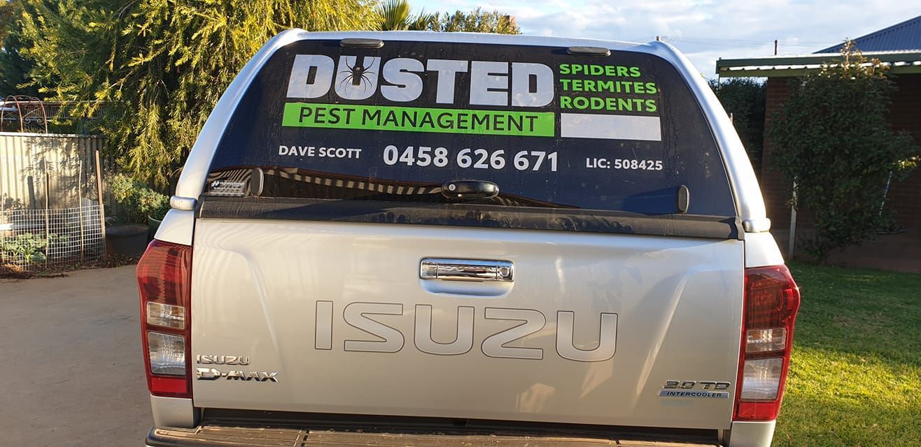 Silver Isuzu Pickup Truck With Dusted Pest Management on Rear Window — Dusted Pest Management in Temora, NSW
