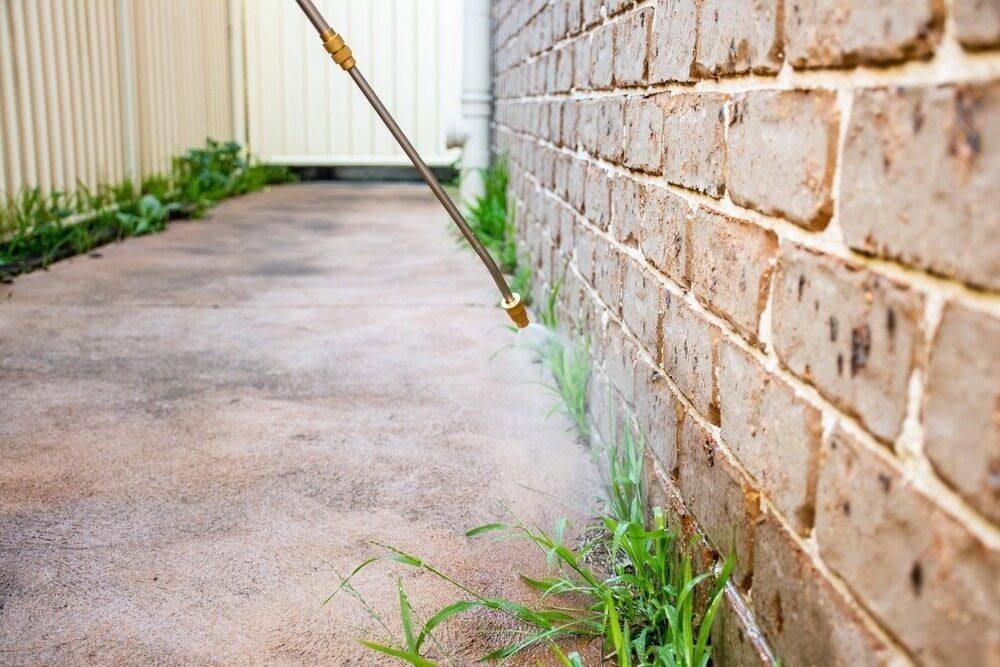 Sprayer Applying Herbicide to Weeds Growing Along a Brick Wall and Concrete Path — Dusted Pest Management in Cootamundra, NSW