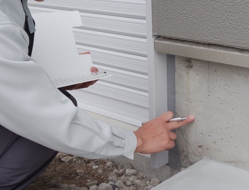 Person Inspecting Concrete Foundation, Pointing at Crack With a Pen — Dusted Pest Management in West Wyalong, NSW