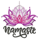 Una flor de loto morada con la palabra Namaste debajo.