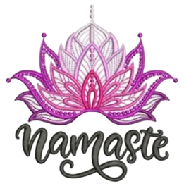 Una flor de loto morada con la palabra Namaste debajo.