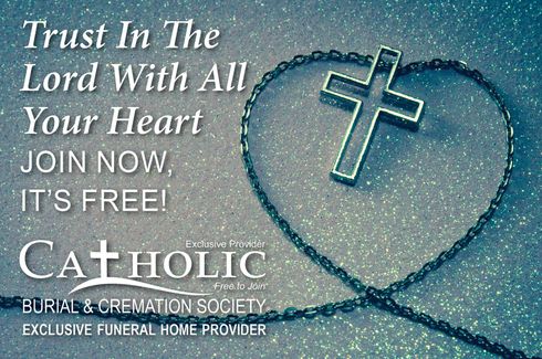 A metallic cross and chain shaped like a heart on a glittery blue background, promoting the Catholic Burial & Cremation Society.