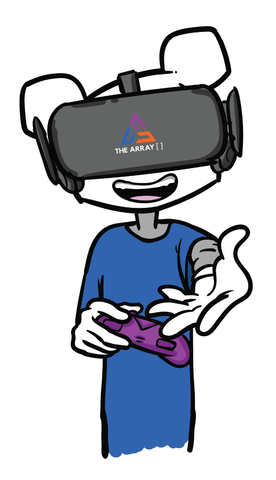 a cartoon character wearing a virtual reality headset and holding a controller .