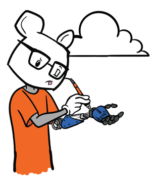 a cartoon of a man with a robotic arm writing on a piece of paper .