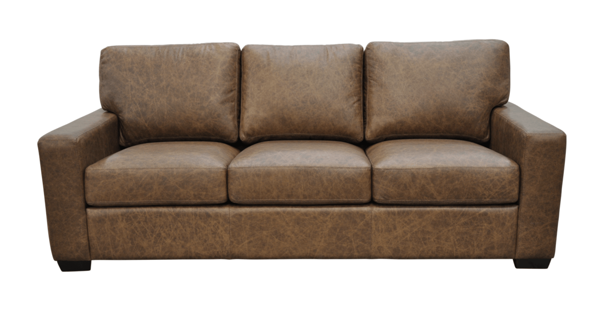 a brown leather couch is sitting on a white background .