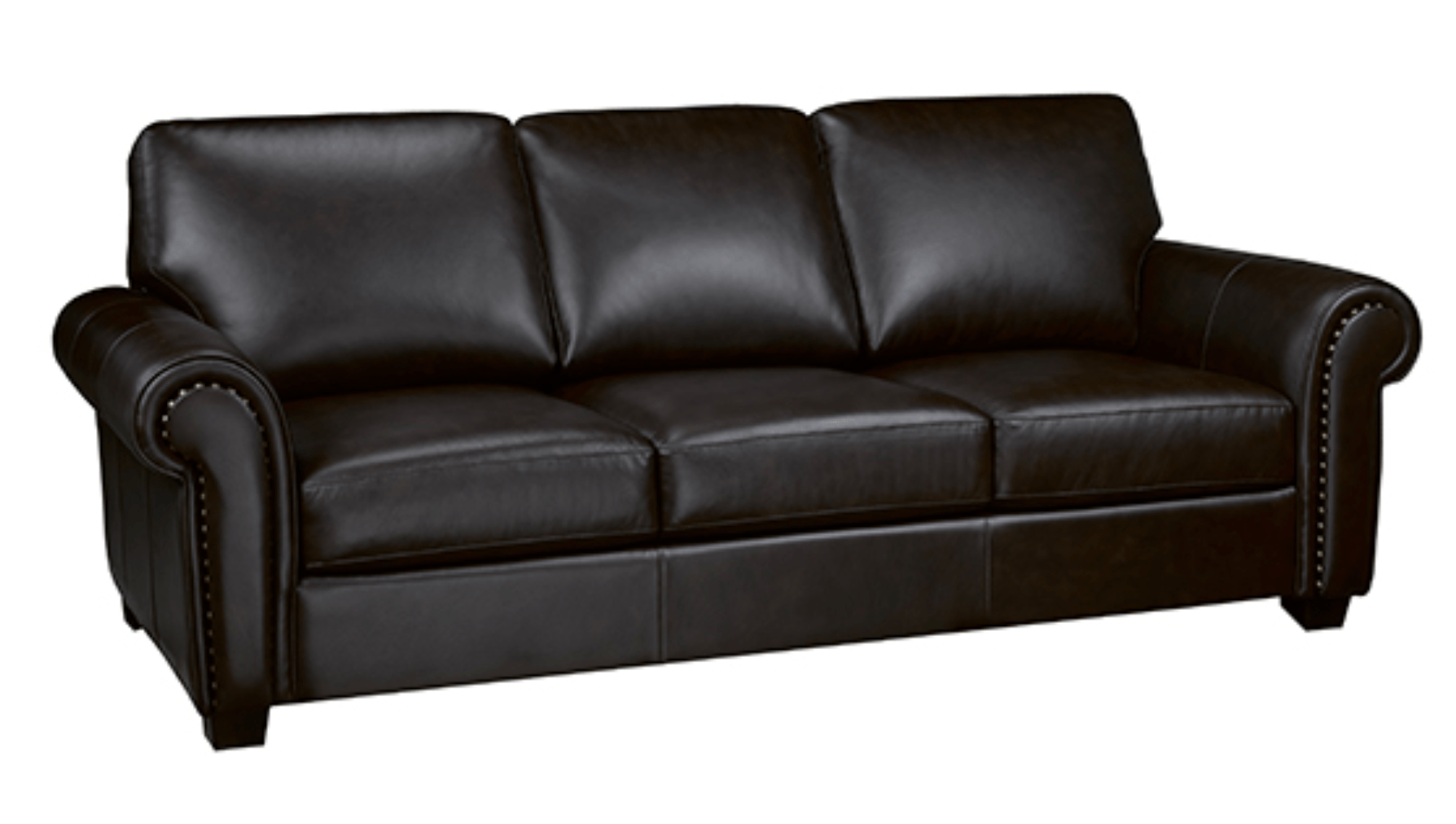 a brown leather couch with studded arm rests on a white background