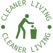 Green logo: Person putting trash in a bin. Text around circle says "Cleaner Living."