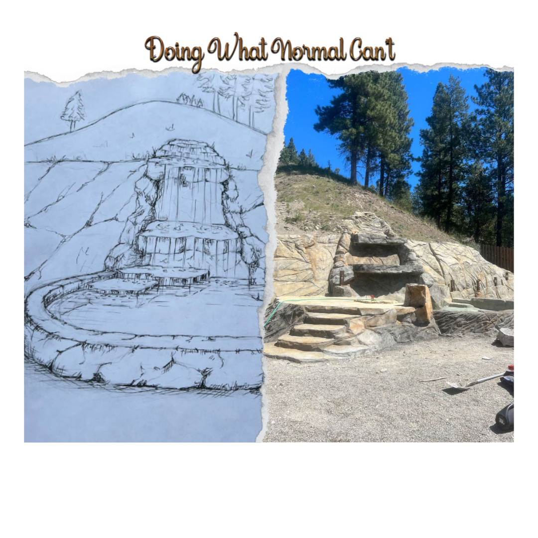 Comparison of a sketch and a real-life structure. The sketch depicts a waterfall. The photo shows the partially built structure.