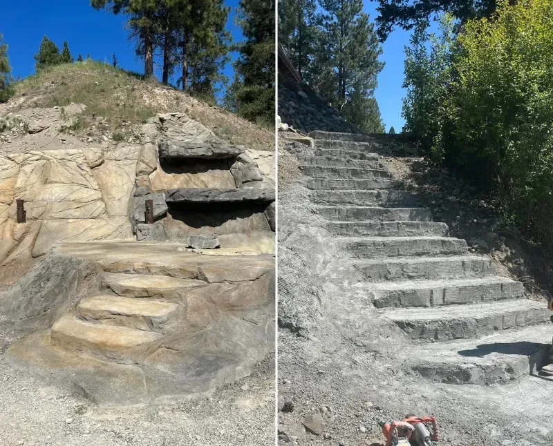 Left: Stone stairs leading to a platform cut into a rocky hillside. Right: New stone stairs being constructed on a hillside.