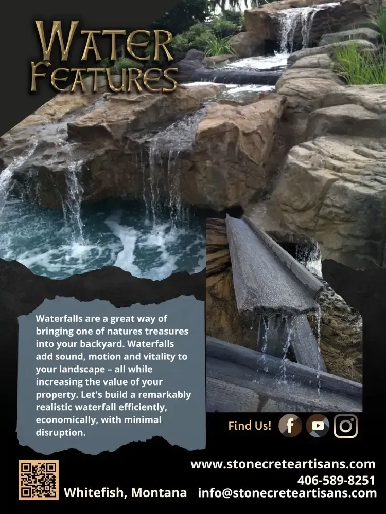 Waterfall advertisement with flowing water, text, and contact information.