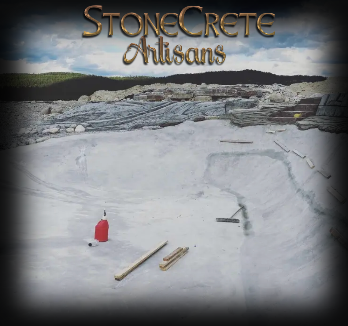StoneCrete Artisans logo over a gray concrete surface with tools and a red container; sky in the background.