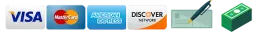 Visa, Mastercard, American Express, Discover, check, and cash payment icons.