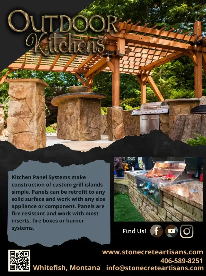 Outdoor kitchen advertisement, with stone grill islands under a wooden pergola.