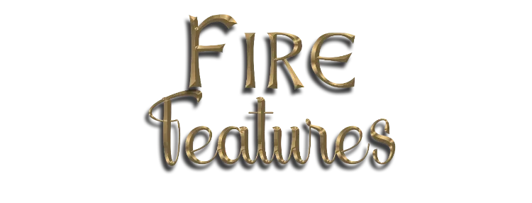 Fire Features logo, ornate golden text on white background.