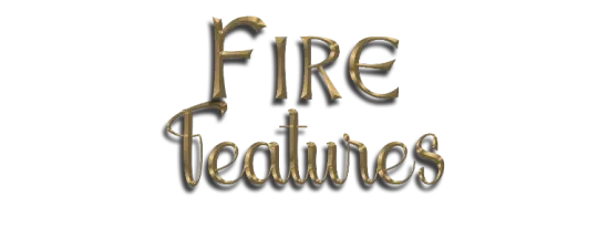 Fire Features logo, ornate golden text on white background.