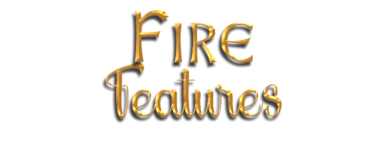 Fire Features logo, ornate golden text on white background.