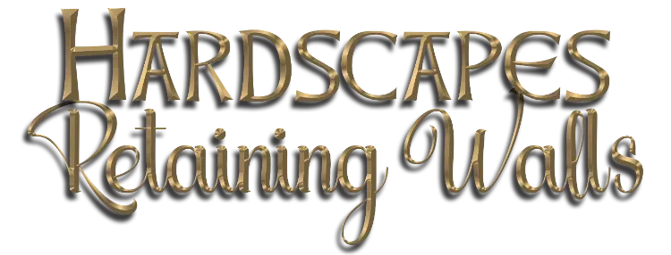 Logo for Hardscapes, Retaining Walls in gold-toned cursive font.