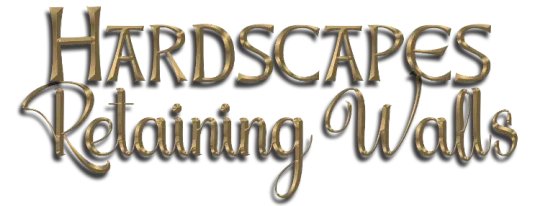 Logo for Hardscapes, Retaining Walls in gold-toned cursive font.