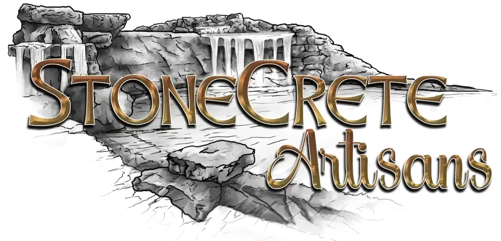 Logo for Stonecrete Artisans, featuring text in bronze over a grayscale illustration of a stone landscape with a waterfall.