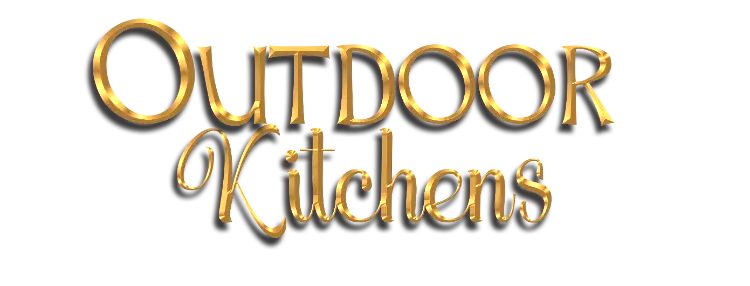 Outdoor Kitchens, gold text with drop shadow.
