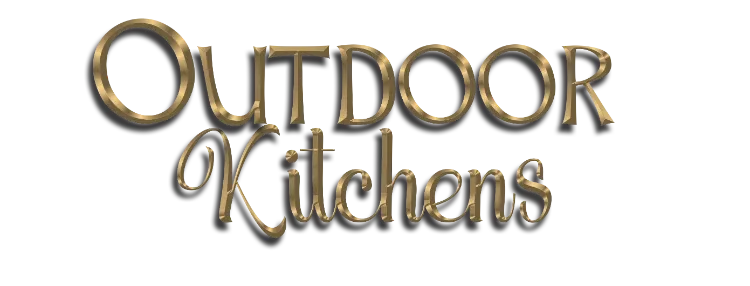 Outdoor Kitchens, gold text with drop shadow.