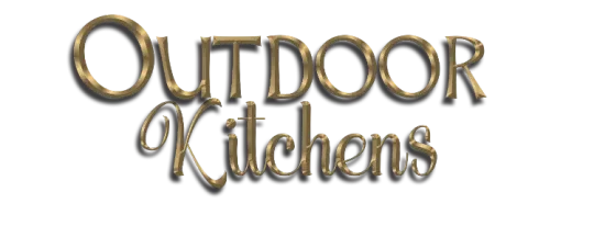 Outdoor Kitchens, gold text with drop shadow.