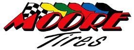 Logo for Moore Tires featuring a red "MOORE" and "Tires" in script, with checkered, yellow, green, blue, and black flags.