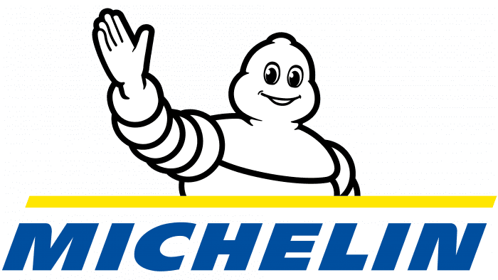 Michelin Man, white tire-shaped figure waving, above the blue 