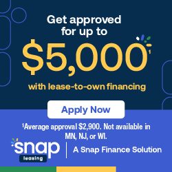 Advertisement: Snap Leasing offering up to $5,000 lease-to-own financing. White button to