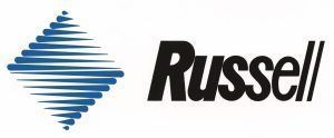 Russell logo: blue diamond shape, black "Russell" text.