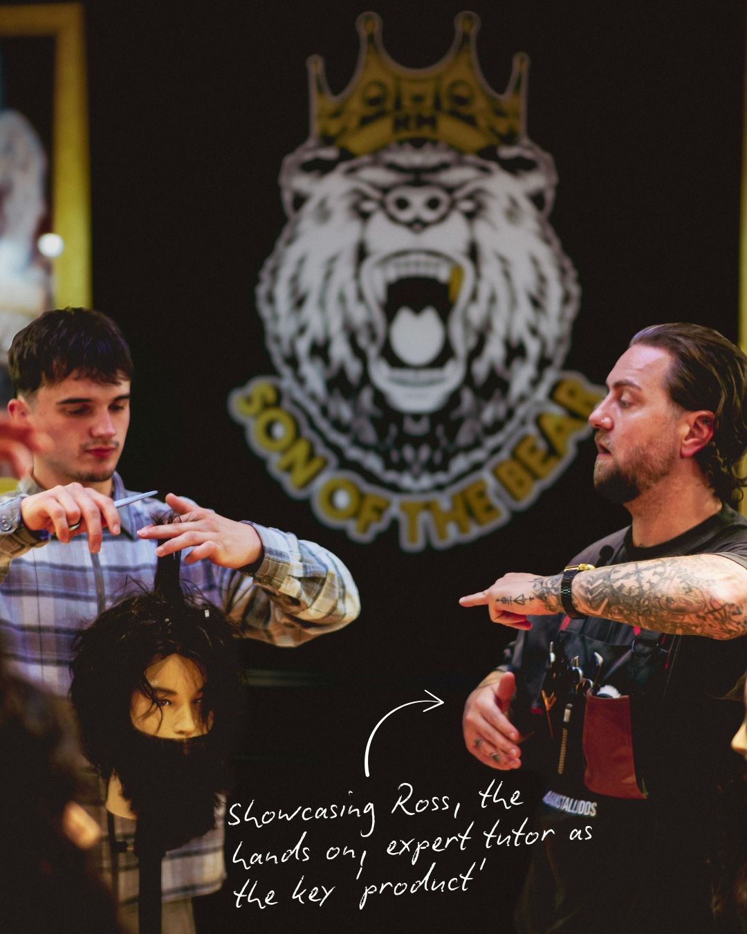 Ross Matthieson, Son of The Bear Barbershop's founder, shown delivering hands on tuition in action photography shots.