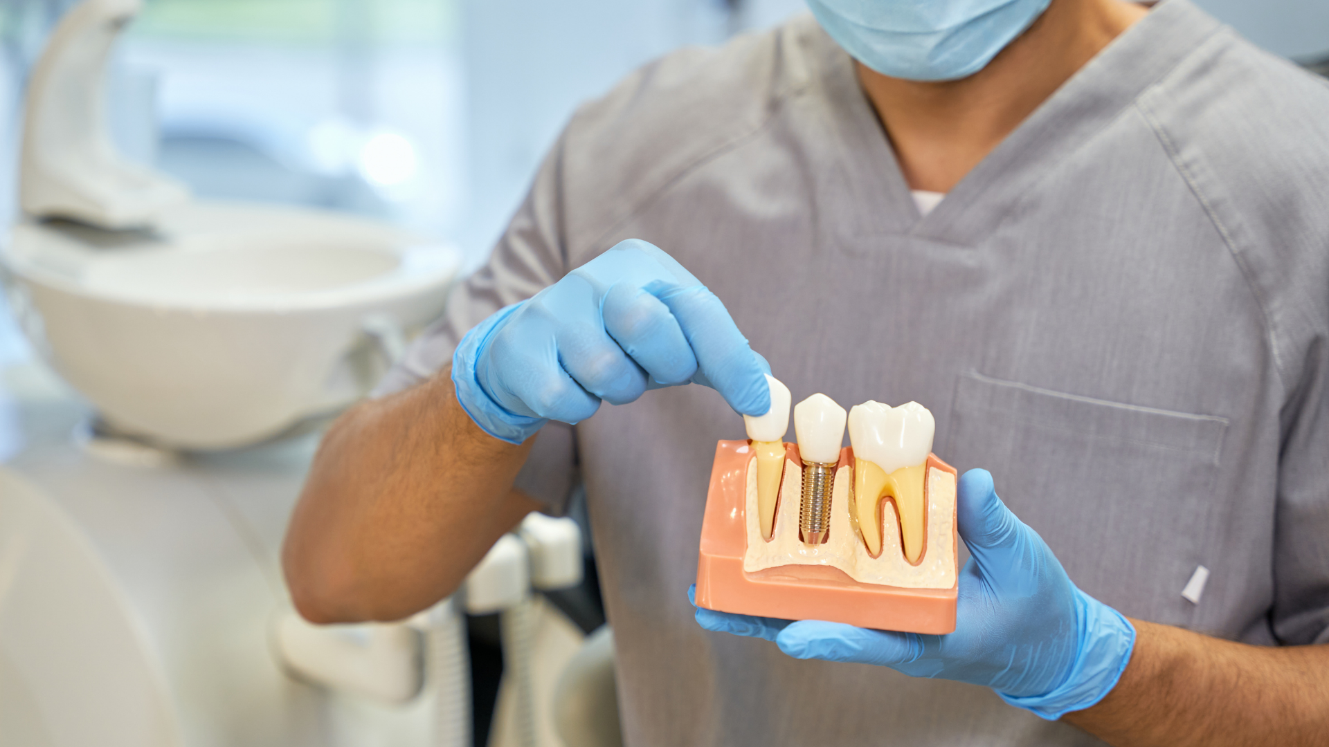 A dentist is holding a model of teeth with a dental implant.