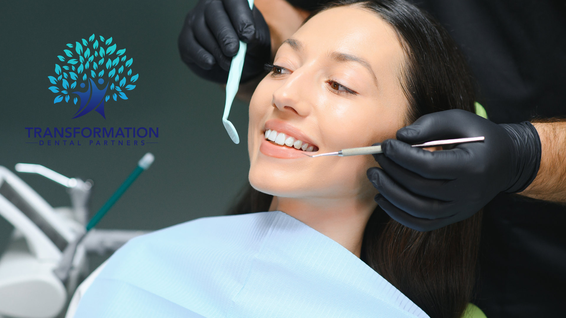 Woman in dentist's chair having teeth examined. Dentist holding tools. Clinic setting.