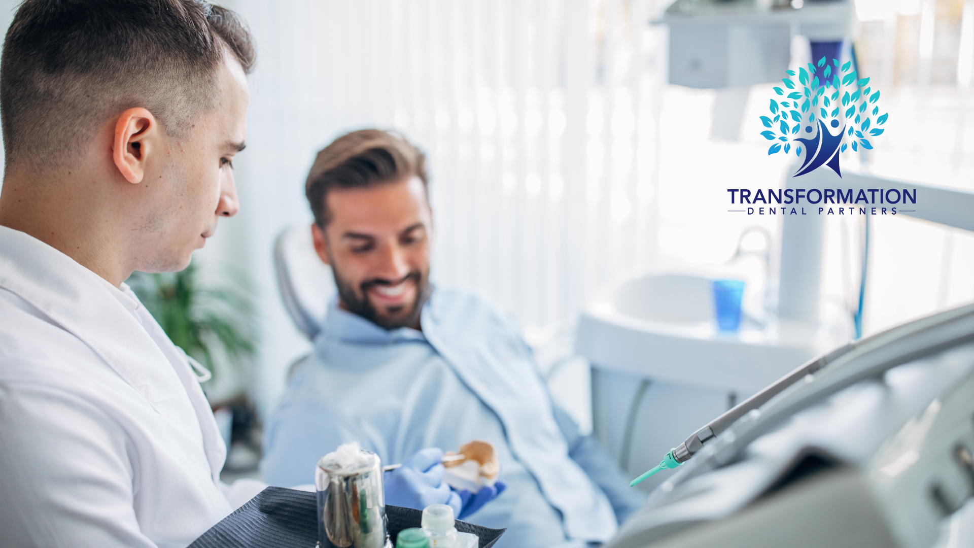 Dentist and patient in dental office. Dentist holds tools, patient smiles in chair.